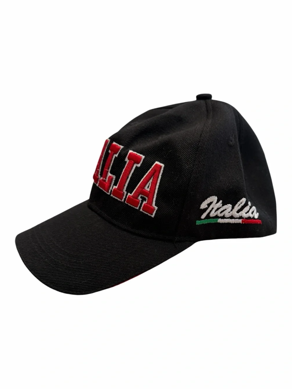 Italia Embroidered Baseball Cap - Black & Red With Velcro Adjustable Strap.